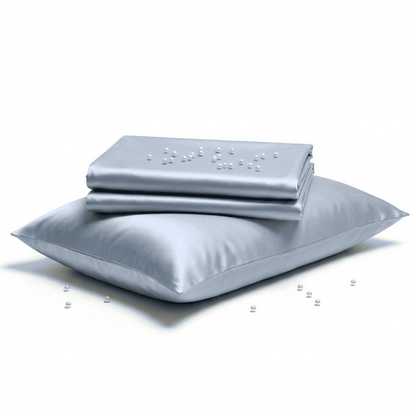 Gray satin sheet set with pillow on a white background