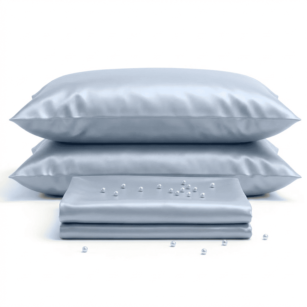 Set of light blue pillows and a folded sheet on a white background