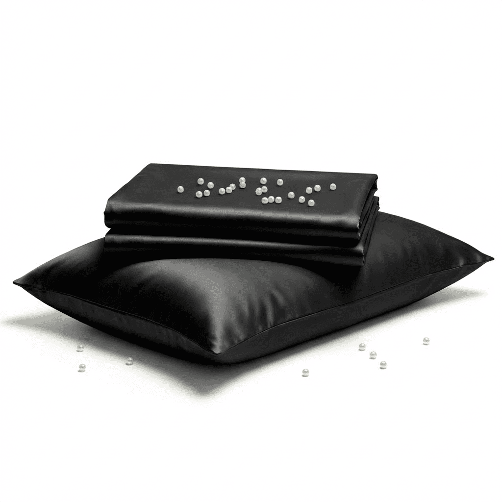 Black satin pillow and cover on a white background
