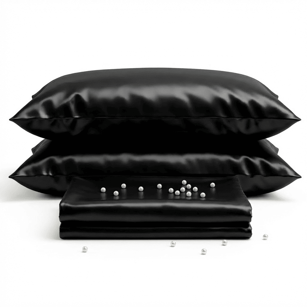 Black satin pillowcases and a folded black satin sheet on a white background