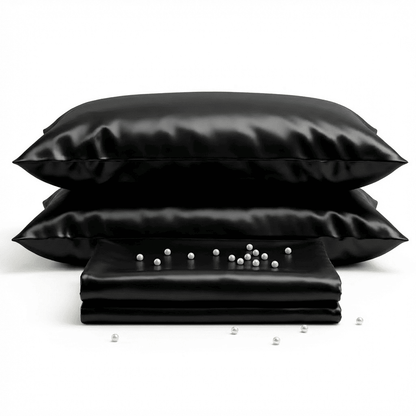 Black satin pillowcases and a folded black satin sheet on a white background