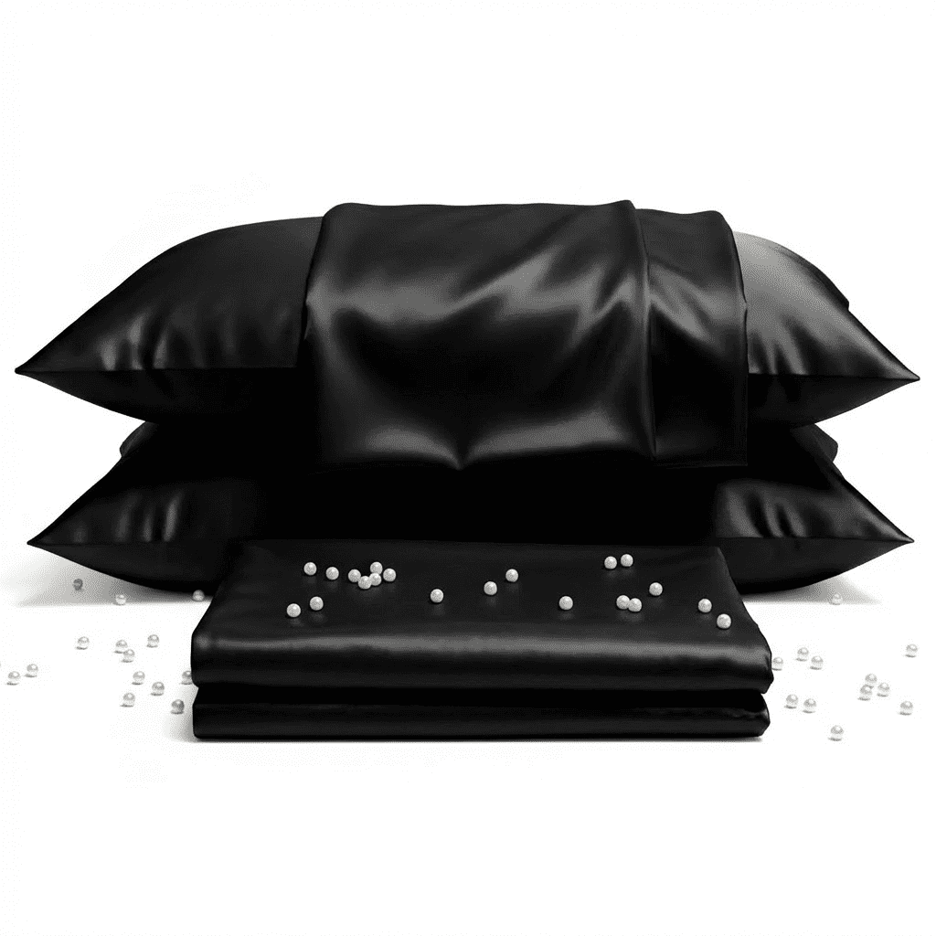 Black satin pillowcases with pearls on a white background
