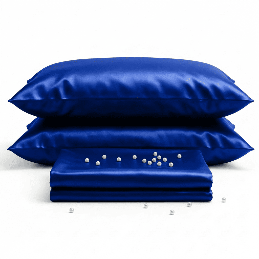 Set of blue satin pillows and a folded sheet on a white background