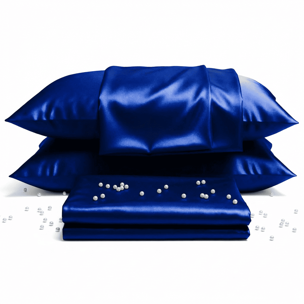 Blue satin pillowcases with pearls on a white background