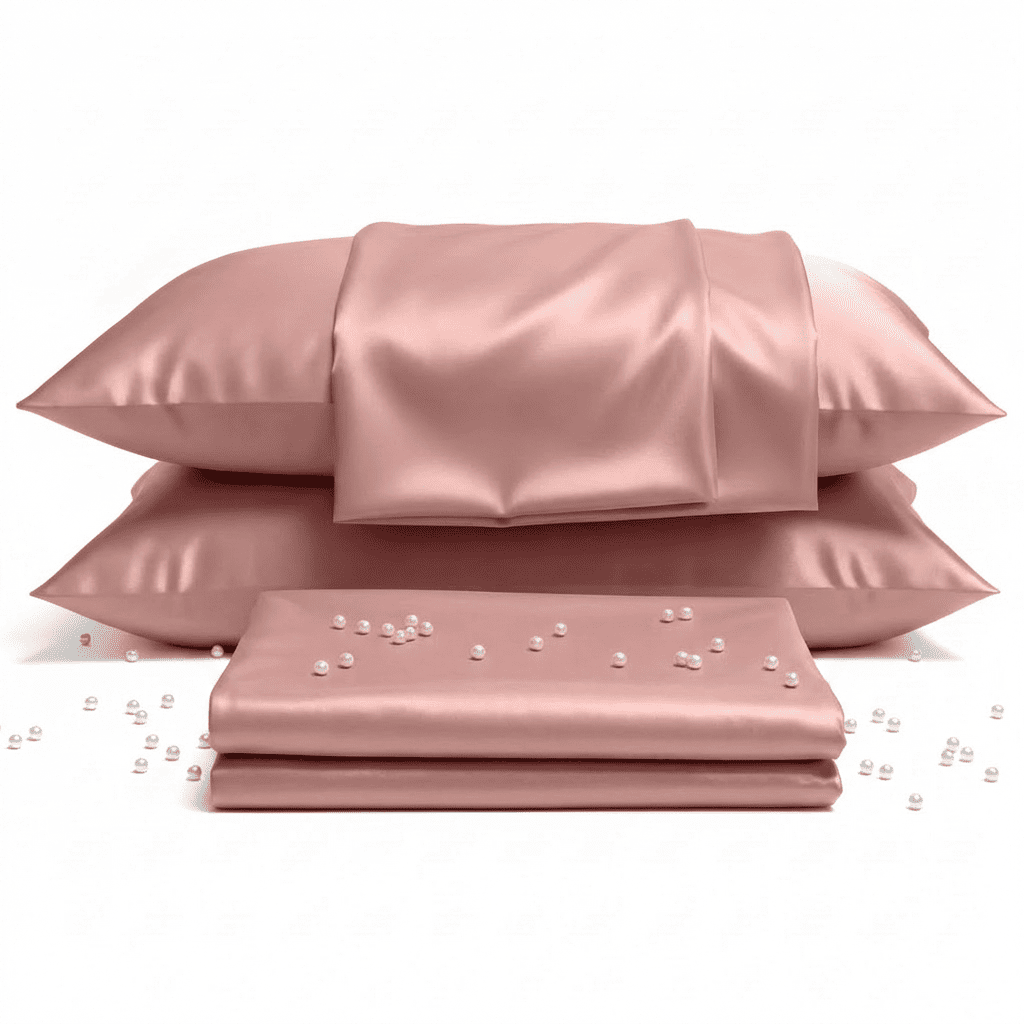 Set of pink satin pillows and a matching sheet with pearls on a white background