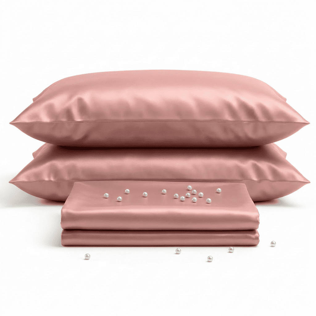 Set of pink satin pillows and a matching sheet with scattered pearls on a white background