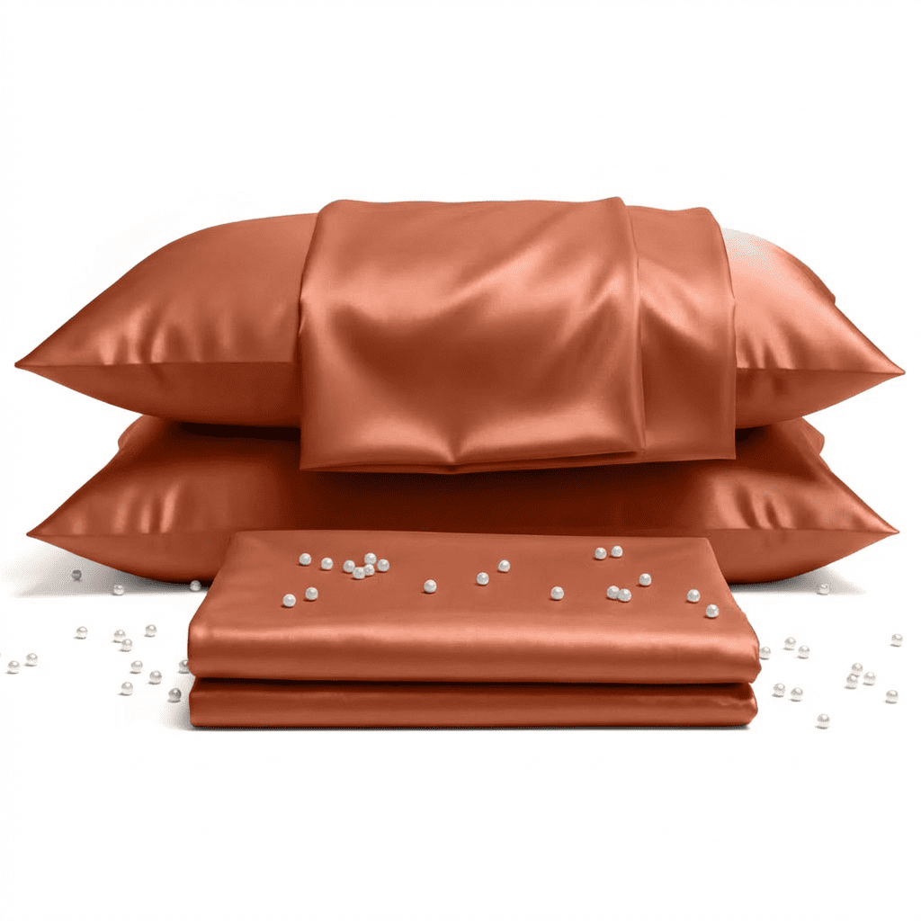Set of burnet orange satin pillows and a folded sheet with pearls on a white background