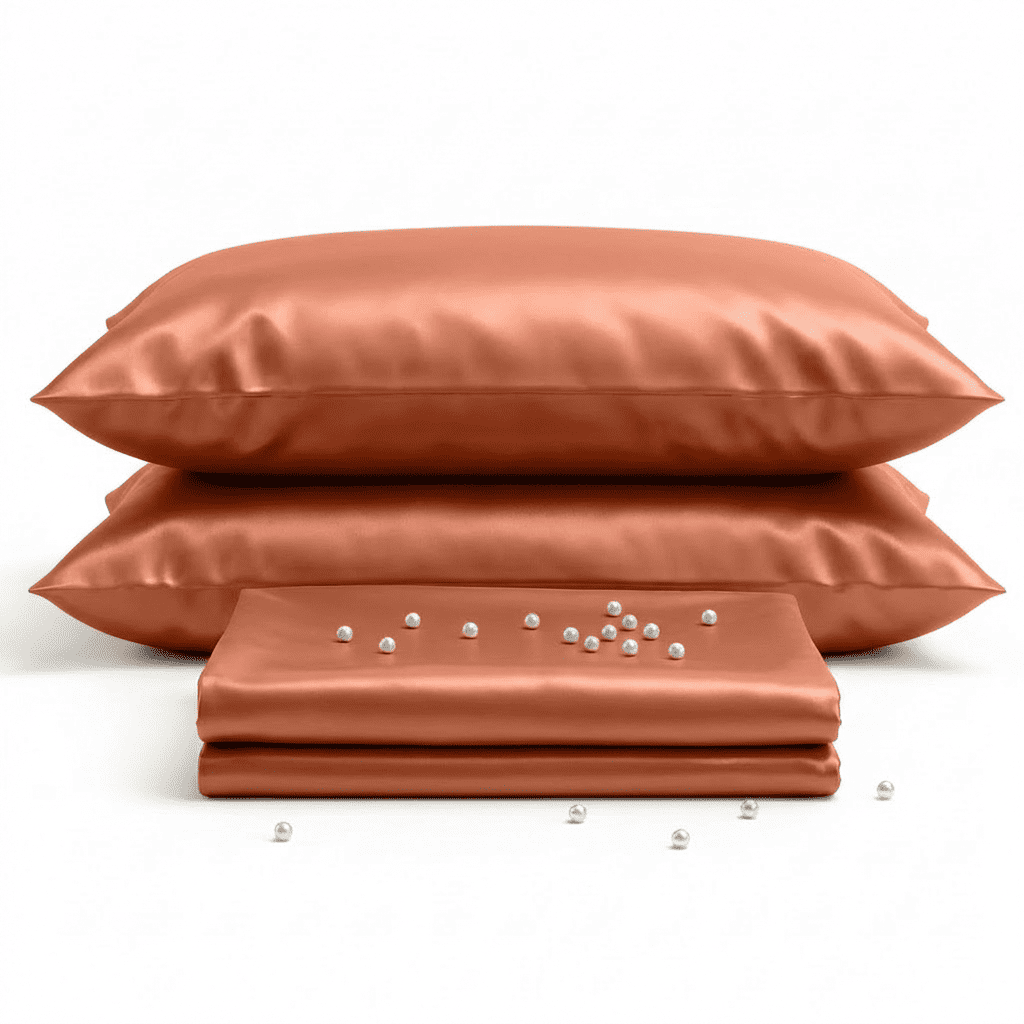 Set of burnet orange-colored satin pillows and a sheet on a white background