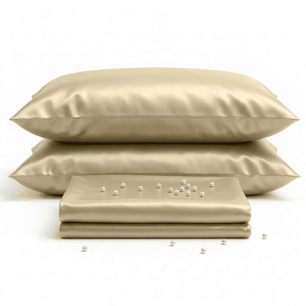 Beige satin pillowcases and fabric on a white background
