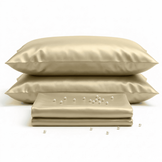 Beige satin pillowcases and fabric on a white background