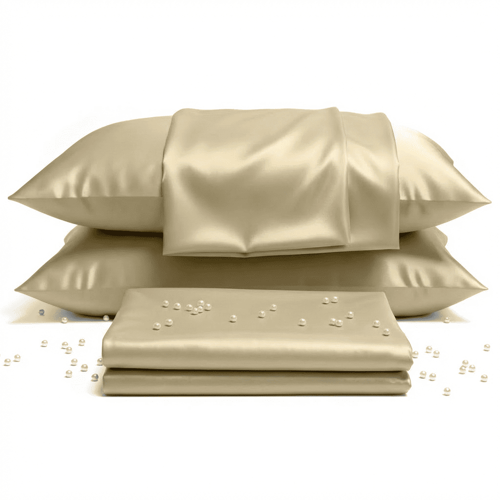 Beige satin pillowcases and sheet set on a white background
