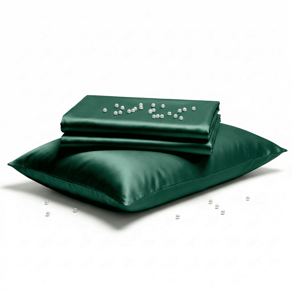 Green satin pillow and cover on a white background