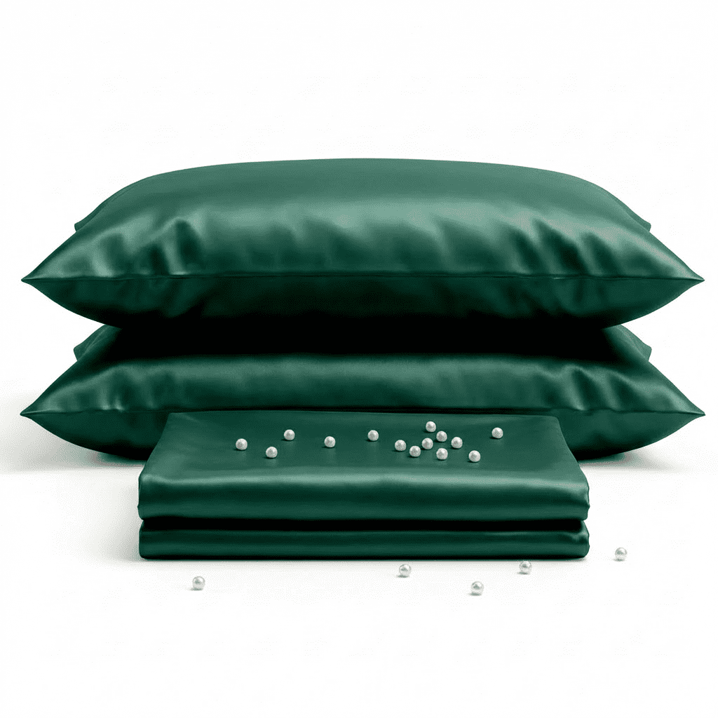 Set of green satin pillows and a matching cover on a white background