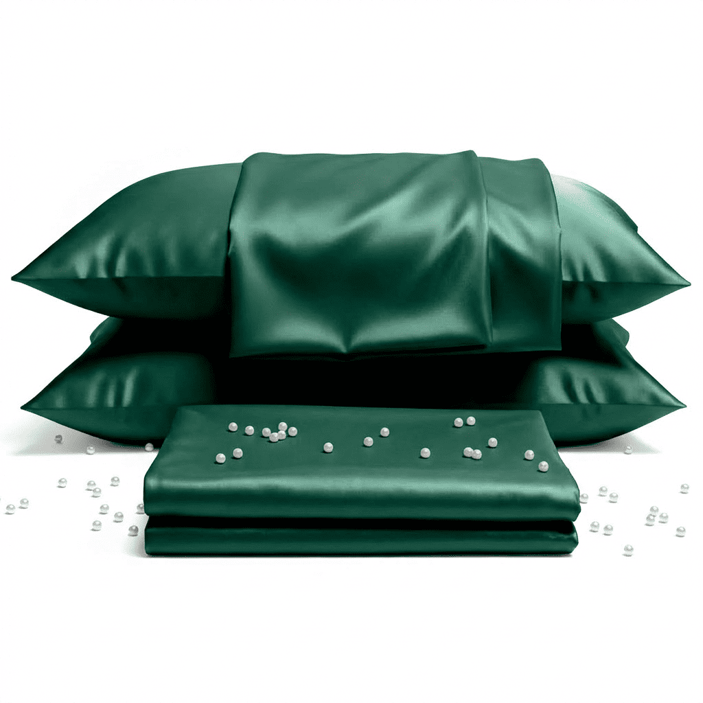 Green satin pillowcases with a white background