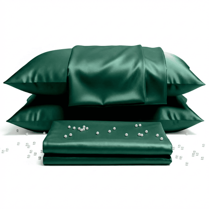 Green satin pillowcases with a white background
