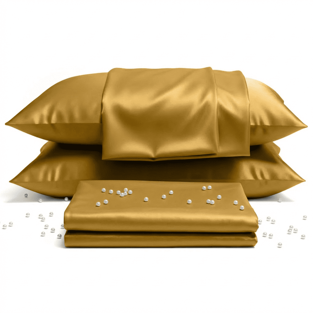 Gold satin pillowcases and a folded sheet with pearls on a white background