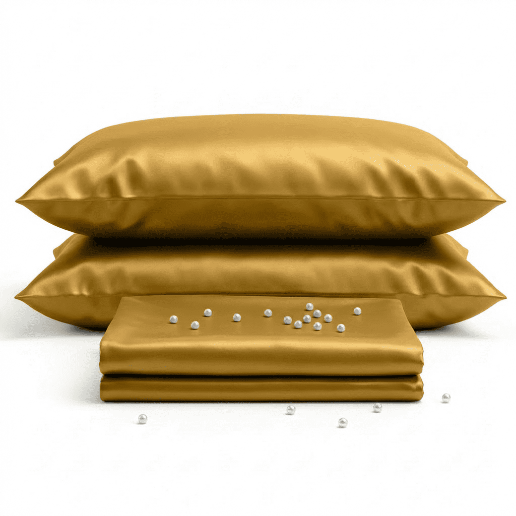 Gold satin pillowcases with a small folded gold sheet on a white background