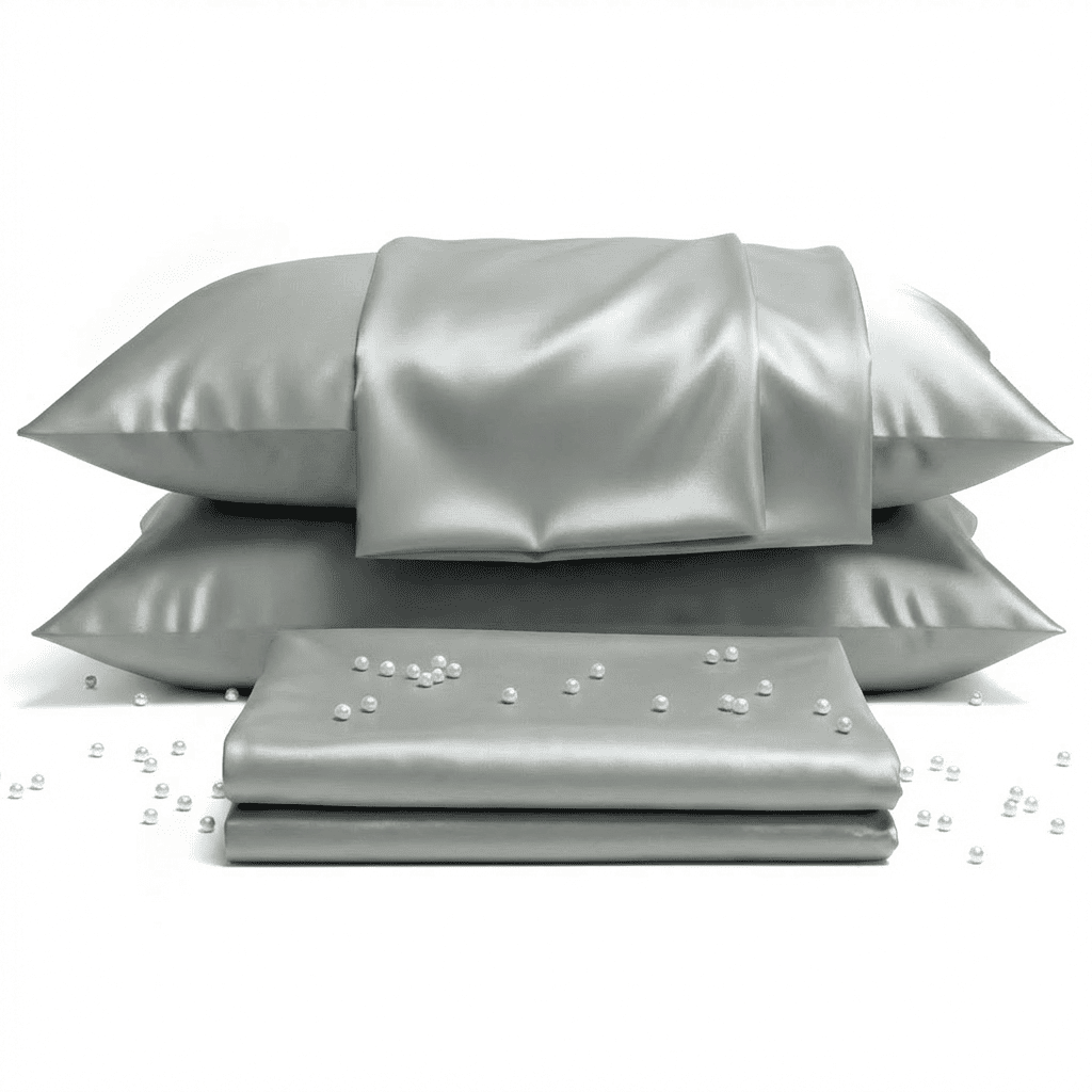 Gray satin pillowcases with pearls on a white background
