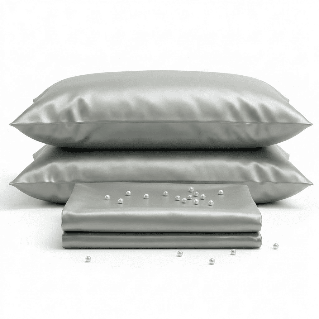 Gray satin pillowcases and a matching fabric strip on a white background