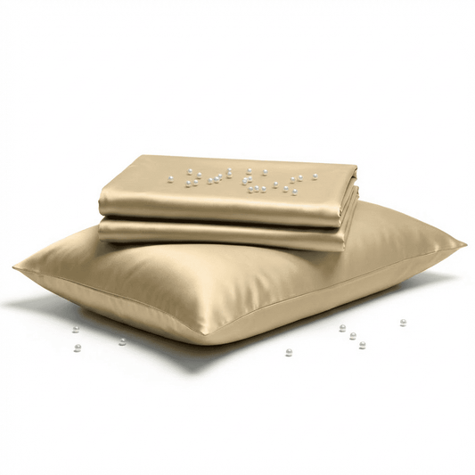 Beige satin sheet set with pillow on a white background