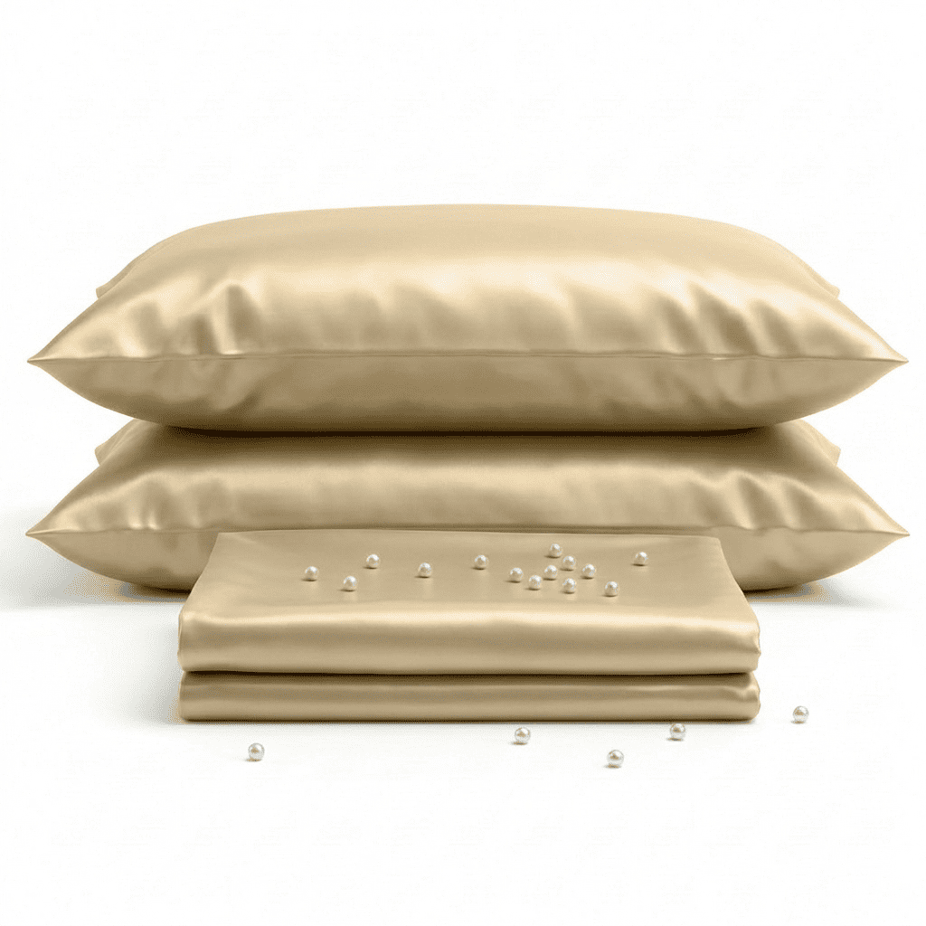 Beige satin pillowcases and a matching sheet on a white background