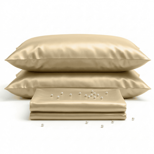 Beige satin pillowcases and a matching sheet on a white background