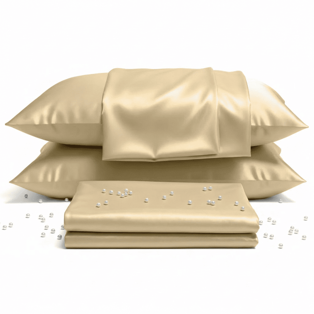 Beige satin pillowcases and a matching sheet on a white background