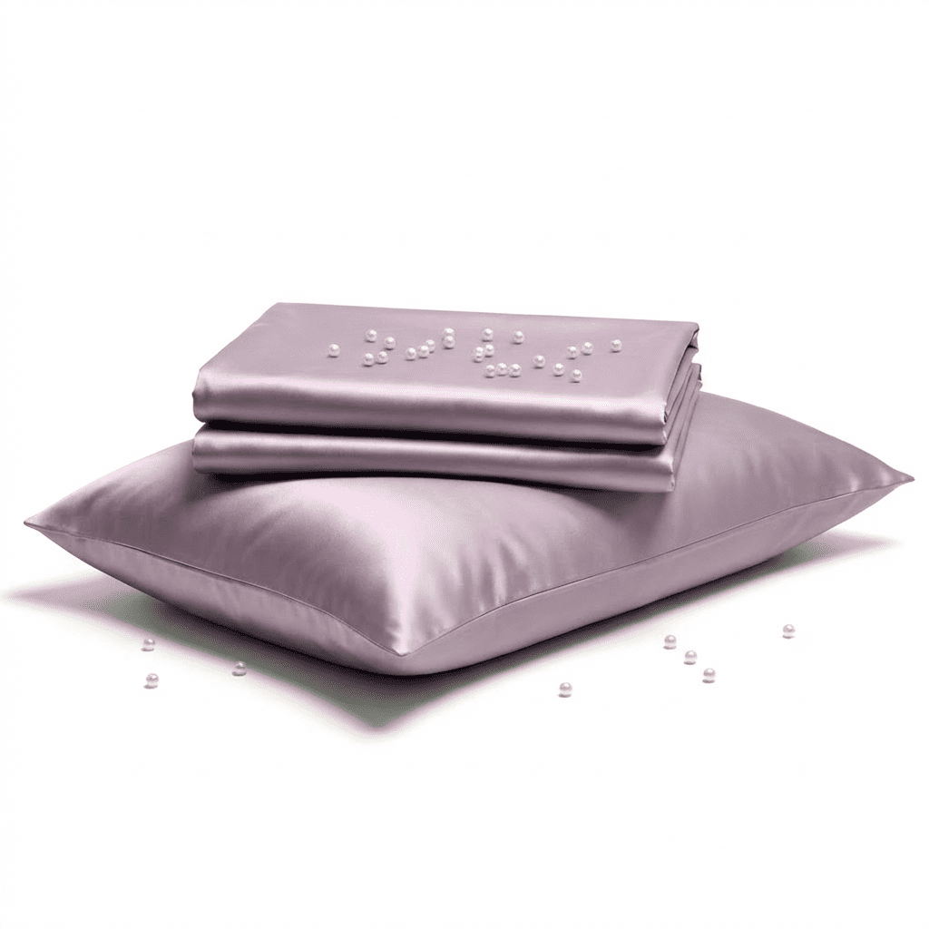 Purple satin pillowcase and sheet set on a white background