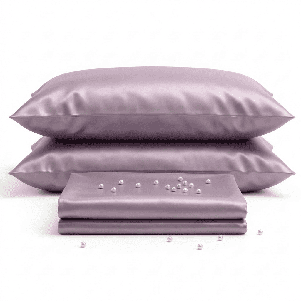 Set of satin pillows and a sheet with pearls on a white background