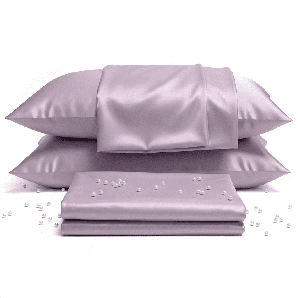Purple satin pillowcases and sheet set with pearls on a white background