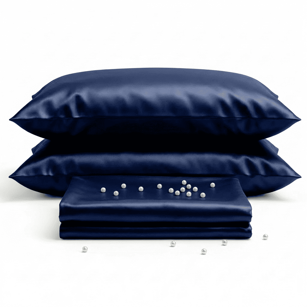Set of navy satin pillows and a matching pillowcase on a white background