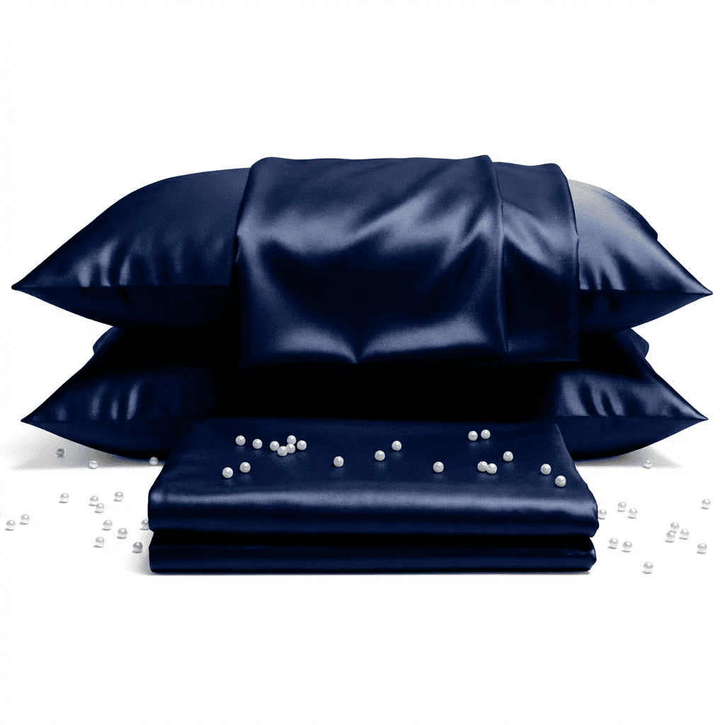 Set of navy satin pillows and pillowcases on a white background