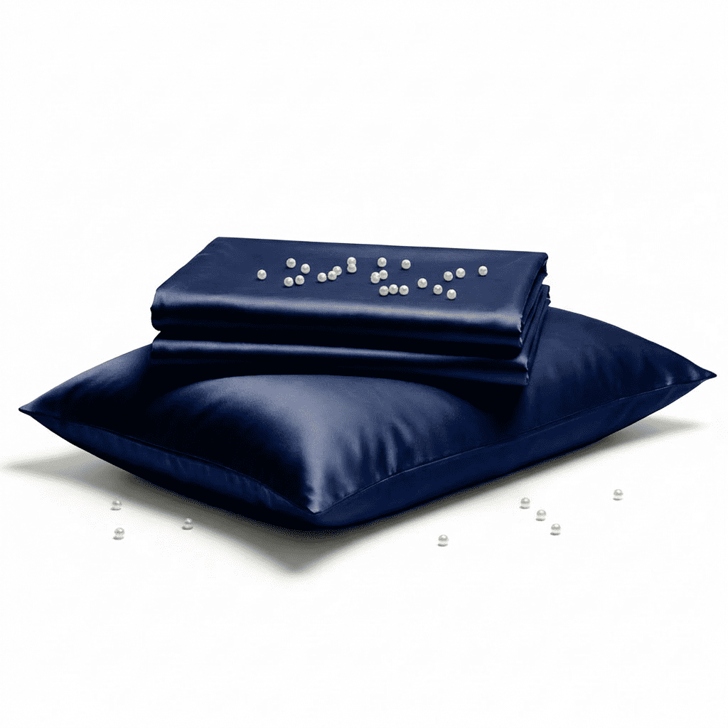 Navy satin pillowcase with pearls on a white background
