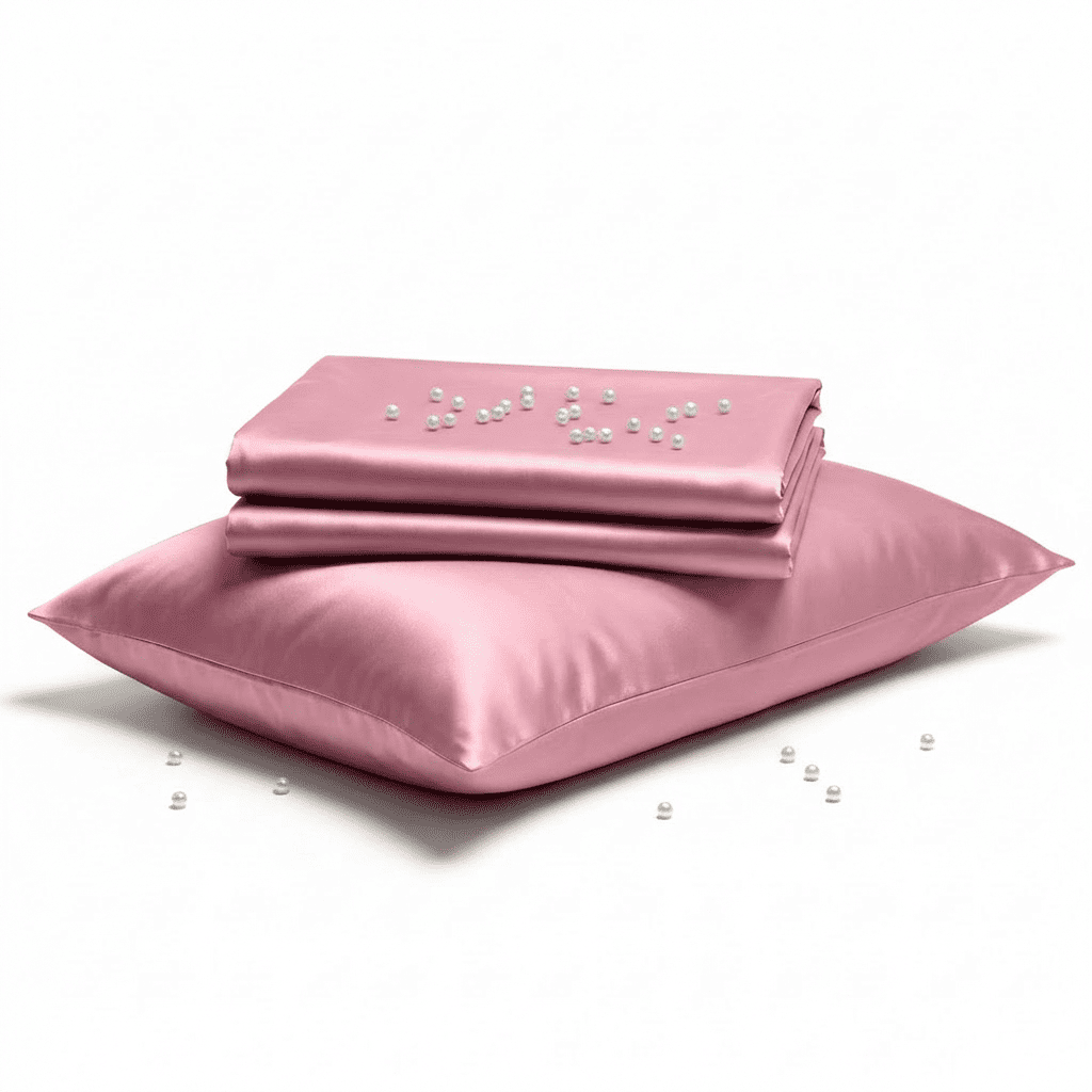 Pink satin sheet set with pillowcase on a white background