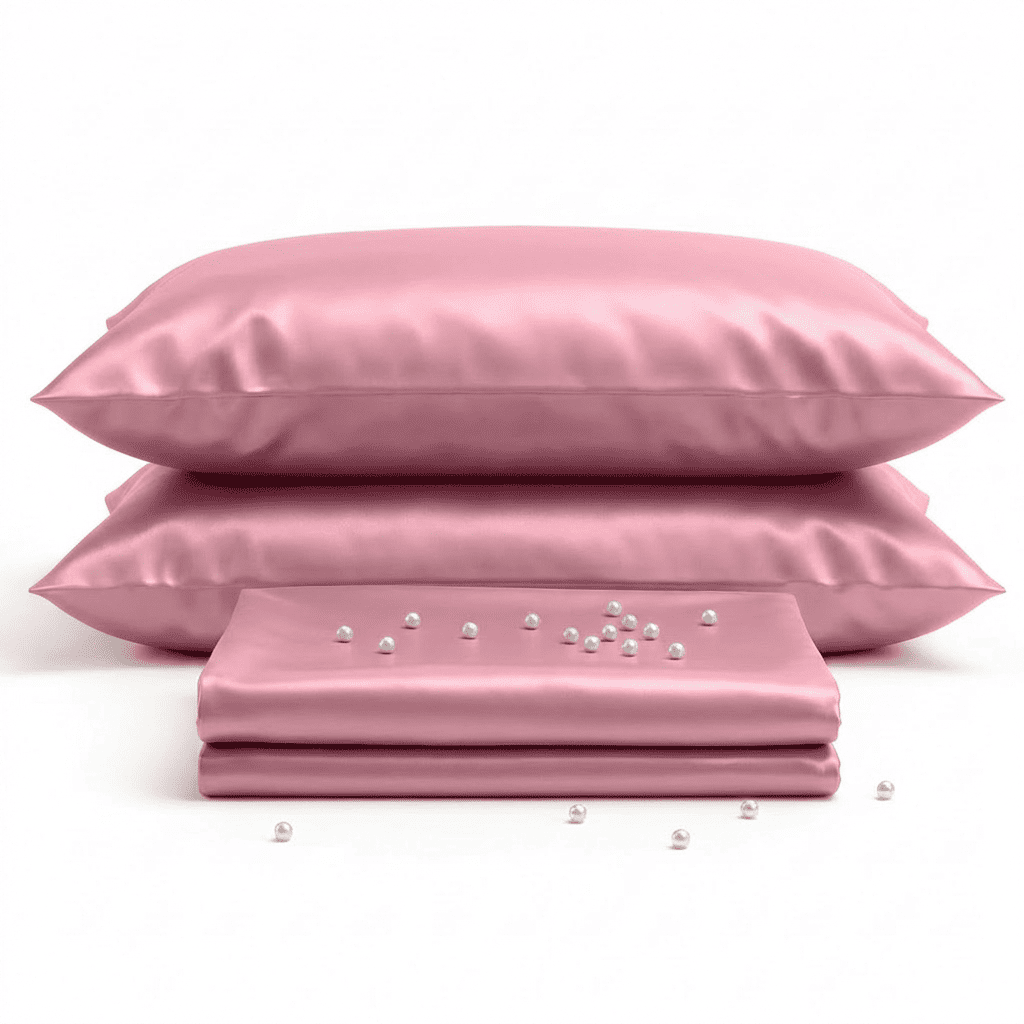 Pink satin pillowcases and a folded pink satin sheet on a white background