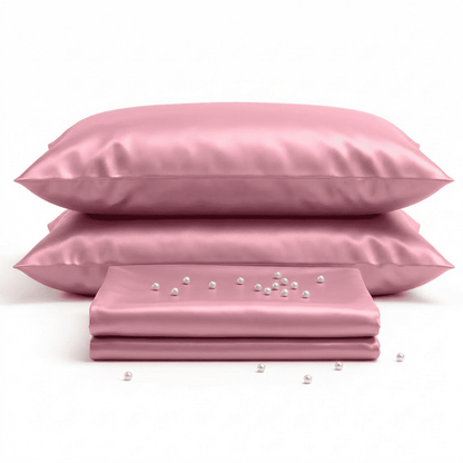 Pink satin pillowcases and a folded pink satin sheet on a white background