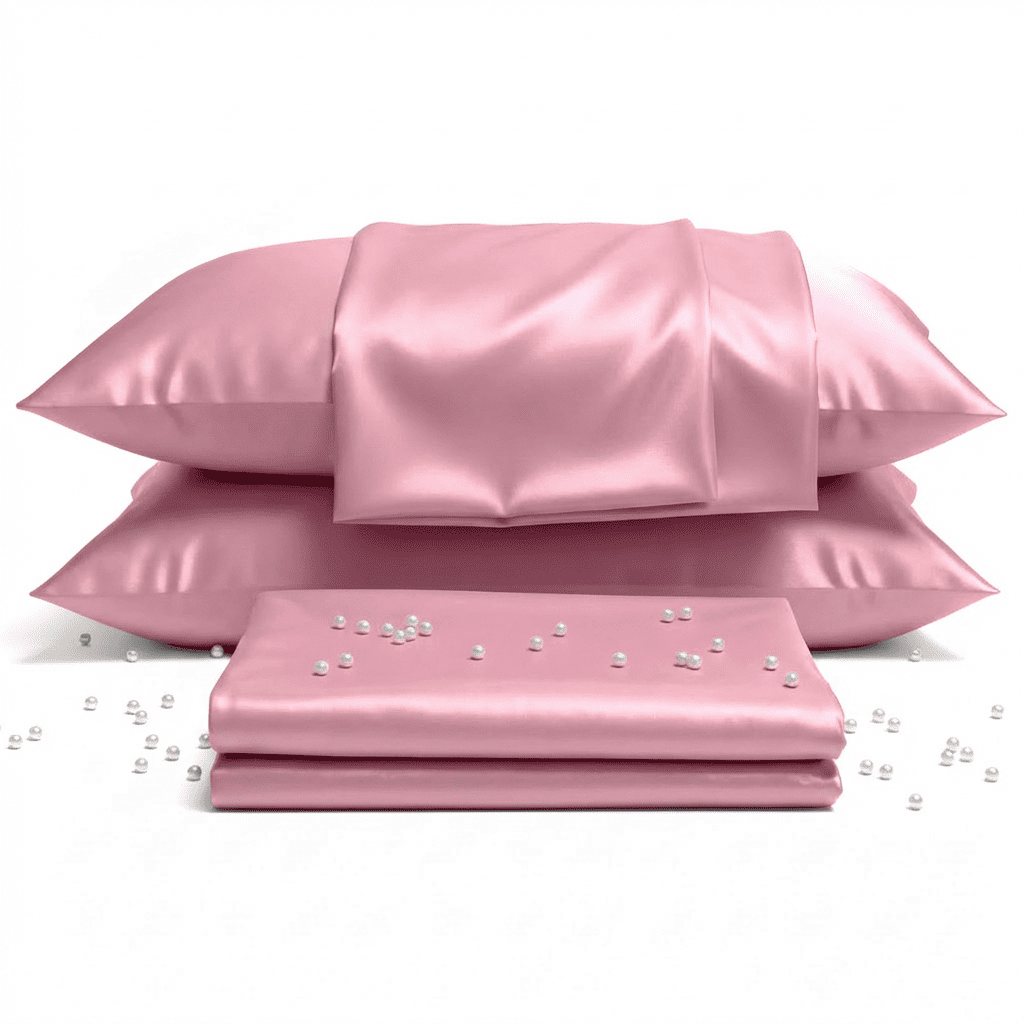 Pink satin pillowcases and a matching sheet with pearls on a white background
