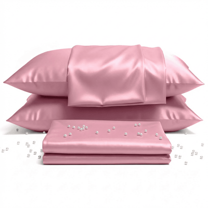 Pink satin pillowcases and a matching sheet with pearls on a white background