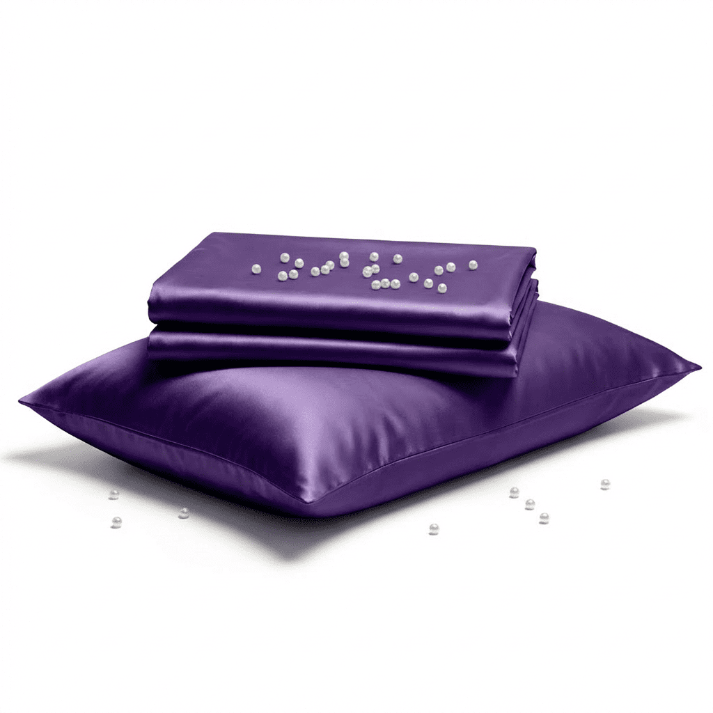 Purple satin pillow and pillowcase set on a white background