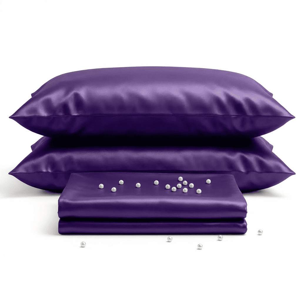Purple satin pillowcases and a sheet on a white background