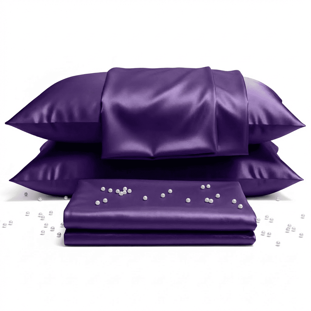 Purple satin pillowcases with pearls on a white background