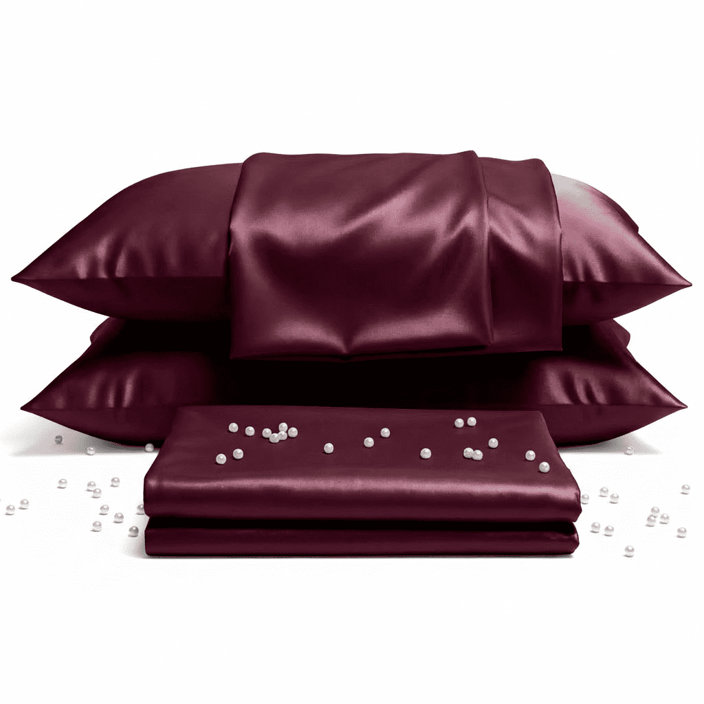 Burgundy satin pillowcases and a folded sheet with pearl embellishments on a white background