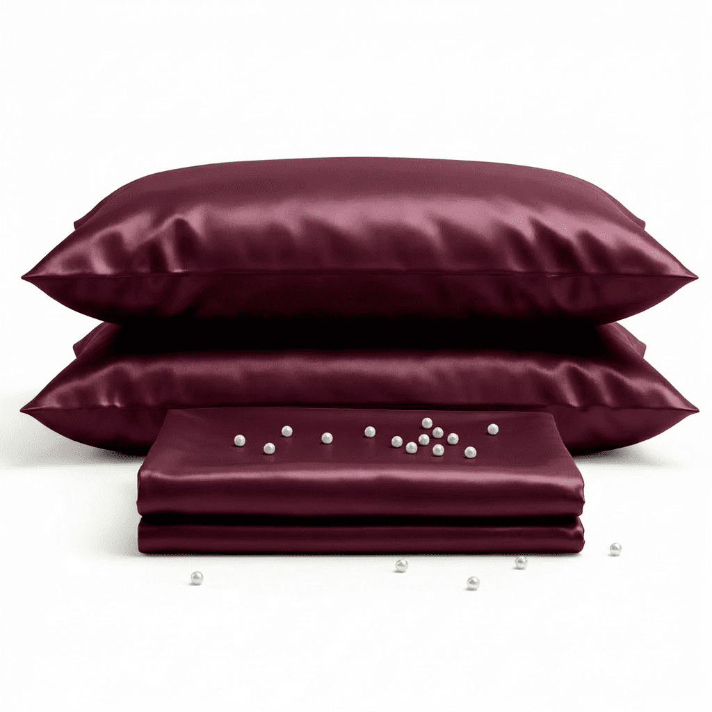 Burgundy satin pillowcases and a folded sheet on a white background