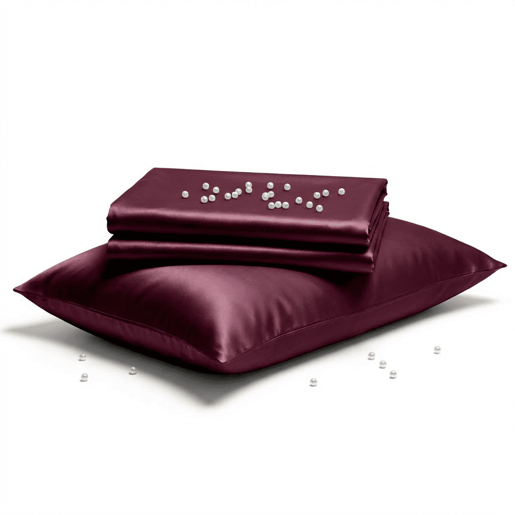 Burgundy satin pillowcase and matching pillow on a white background