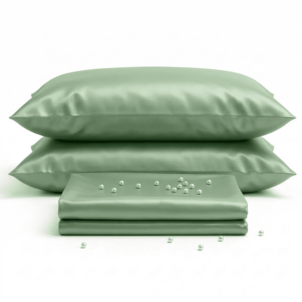 Set of green satin pillows and a matching sheet on a white background