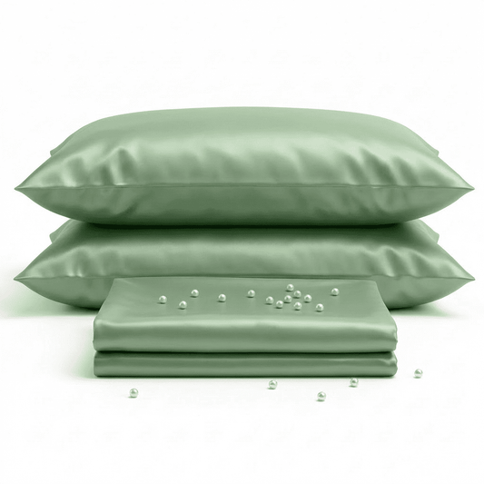 Set of green satin pillows and a matching sheet on a white background