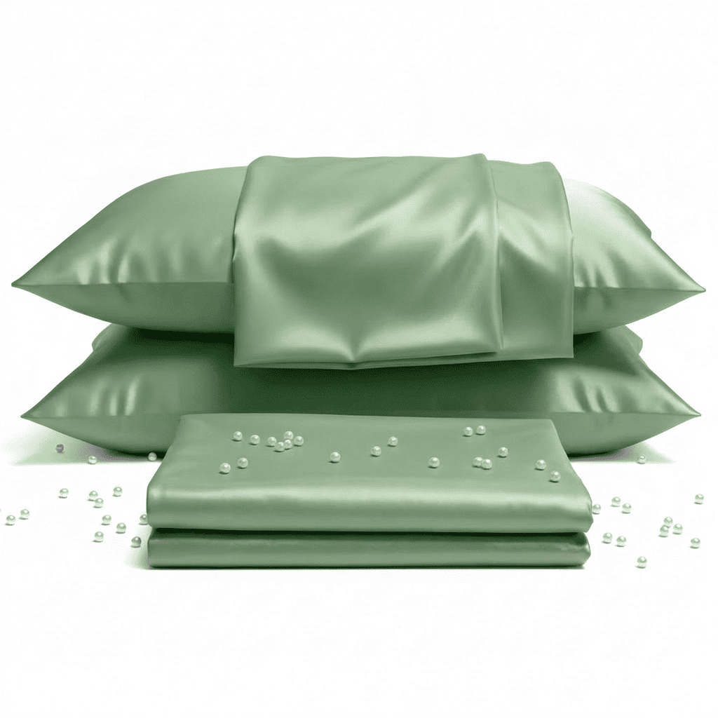 Green satin pillowcases and a green satin sheet on a white background