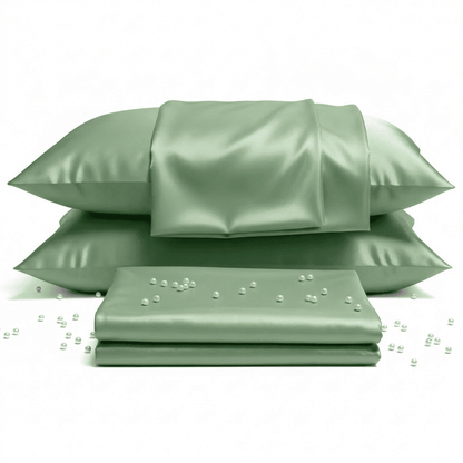 Green satin pillowcases and a green satin sheet on a white background