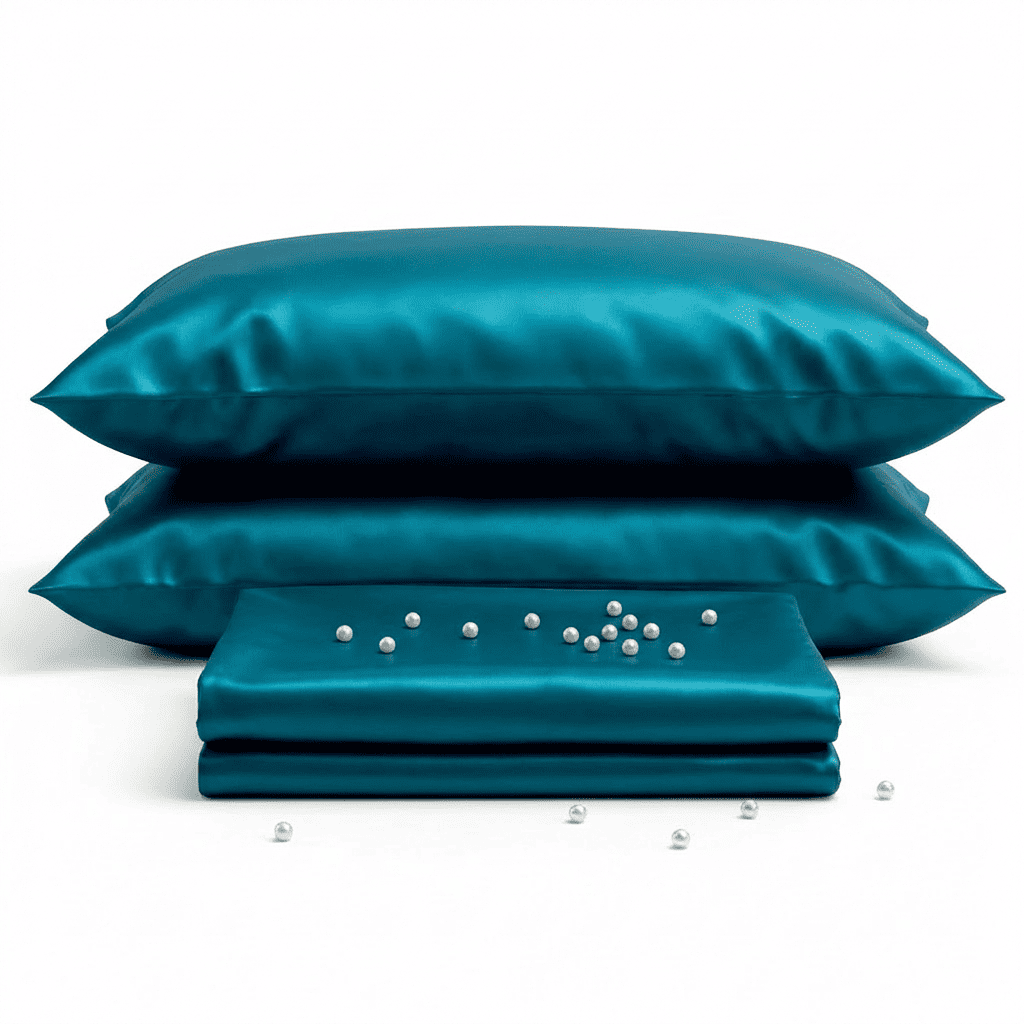 Teal satin pillowcases and a matching sheet on a white background