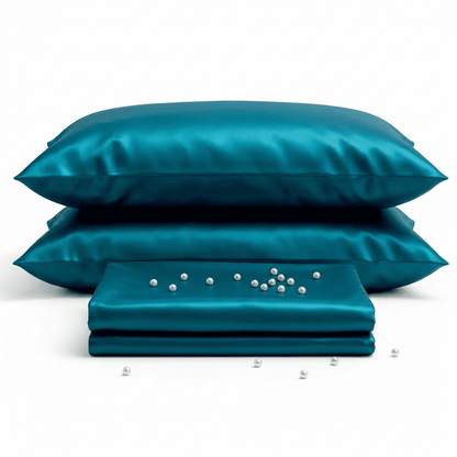 Teal satin pillowcases and a matching sheet on a white background